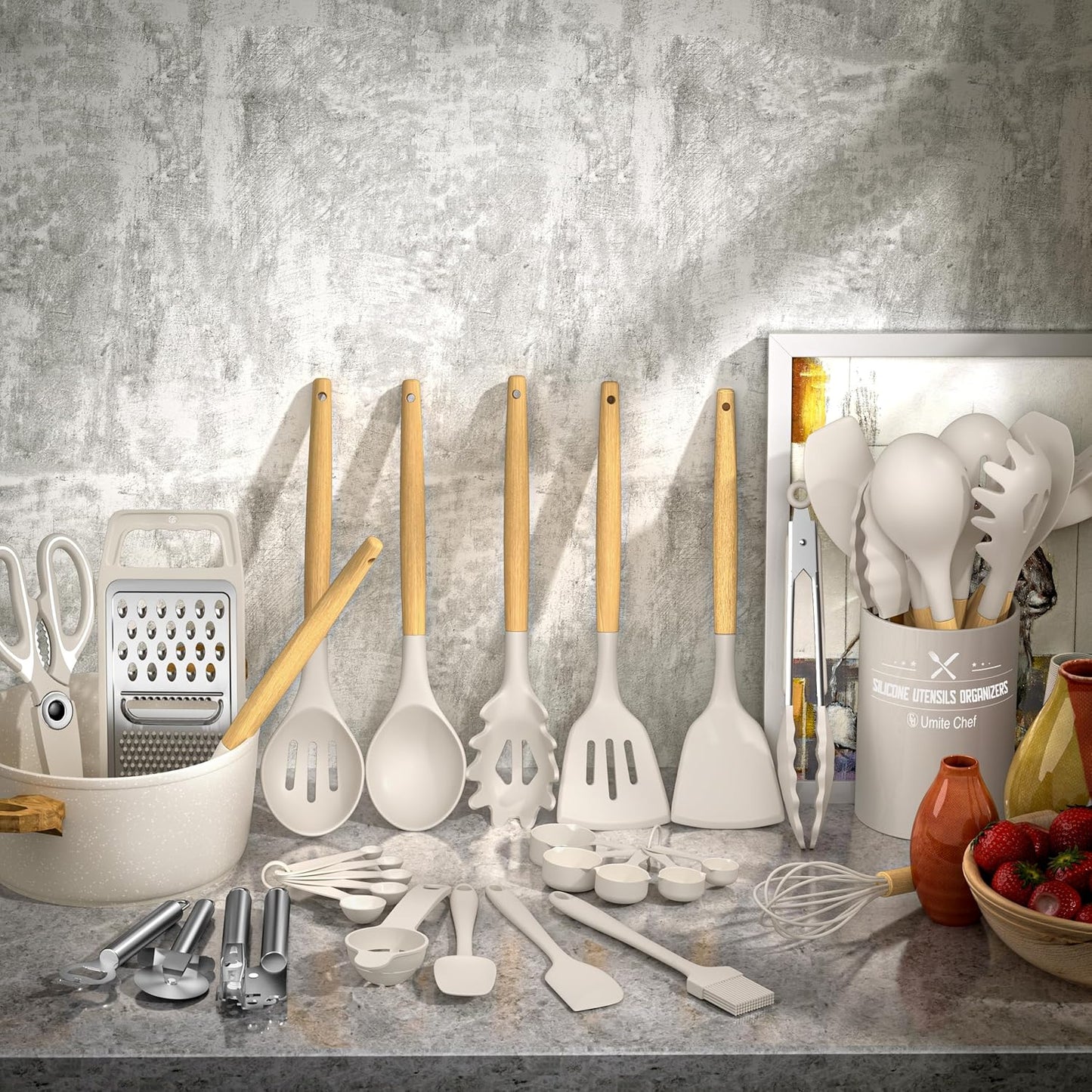 Cooking Utensils Set- Umite Chef Khaki Silicone Kitchen Utensils Set, 34PCS Heat Resistant Kitchen Gadgets Tools Set with Grater, Wooden Handle Kitchen Spatula Set for Nonstick Cookware