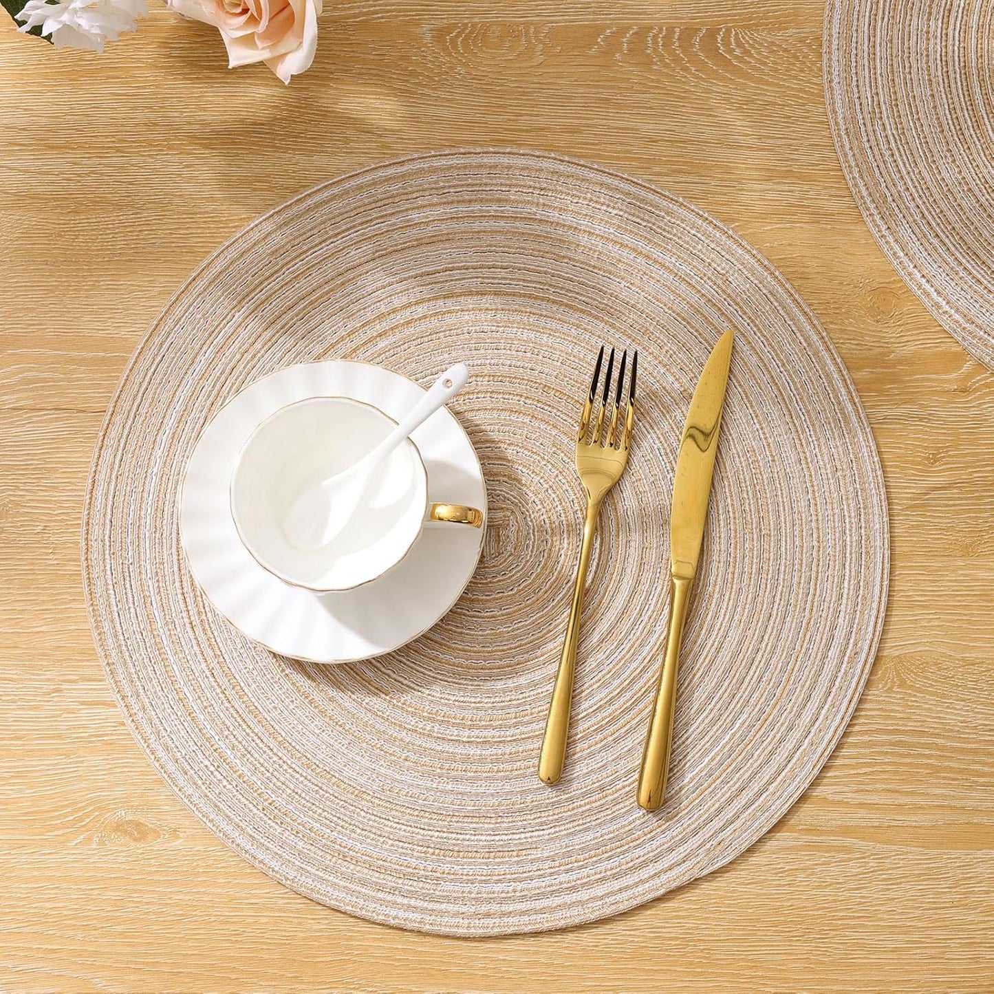 SHACOS 15 inch Round Braided Placemats Set of 6 Cotton Polyester Place Mats Non Slip Heat Resistant Washable Table Mats for Kitchen Dining Party Table Decor (Beige, 6)