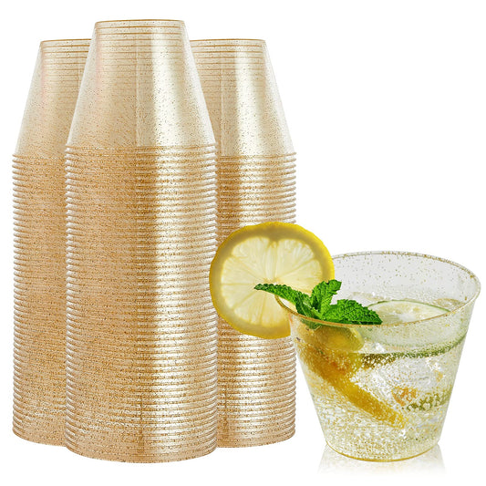 FOCUSLINE 9 oz Gold Plastic Cups, Disposable Clear Fancy Hard Plastic Cups, Gold Glitter, Heavy Duty, Reusable,100 Count