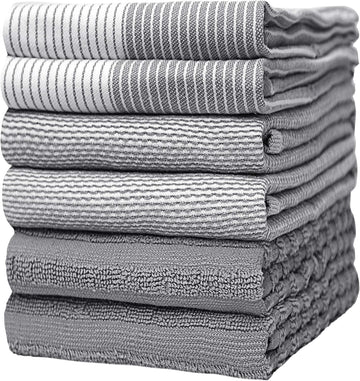 Premium Kitchen Towels (20”x 28”, 6 Pack)| Large Cotton Dish Towels| Flat & Terry Highly Absorbent Kitchen Linen Set with Hanging Loop| Gray