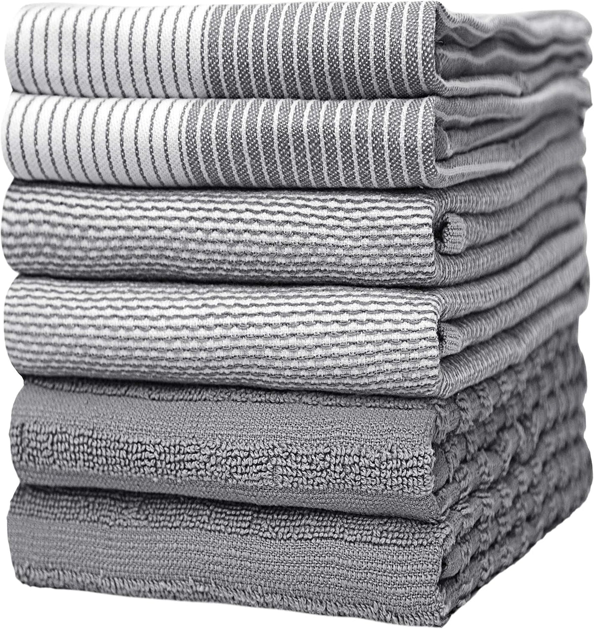 Premium Kitchen Towels (20”x 28”, 6 Pack)| Large Cotton Dish Towels| Flat & Terry Highly Absorbent Kitchen Linen Set with Hanging Loop| Gray