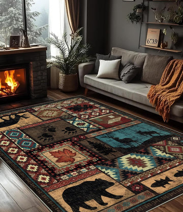 YIHOUSE Rustic Cabin Area Rug 5x7, Machine Washable Lodge Bear Rug, Non-Slip Low Pile Print Pattern Southwestern Rug for Living Room Bedroom