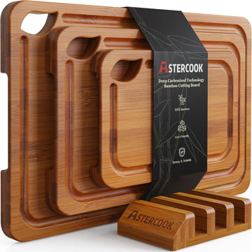 Astercook Deep-Carbonized Bamboo Cutting Boards for Kitchen with Wood Storage Stand, Reversible Charcuterie & Chopping Boards
