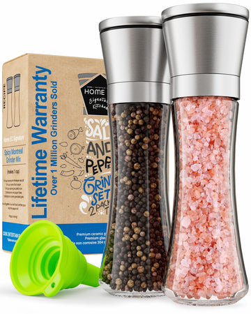 Home EC Premium Stainless Steel Sea Salt and Pepper Grinder Set of 2 - Adjustable Ceramic - Tall Glass Salt and Pepper Shakers