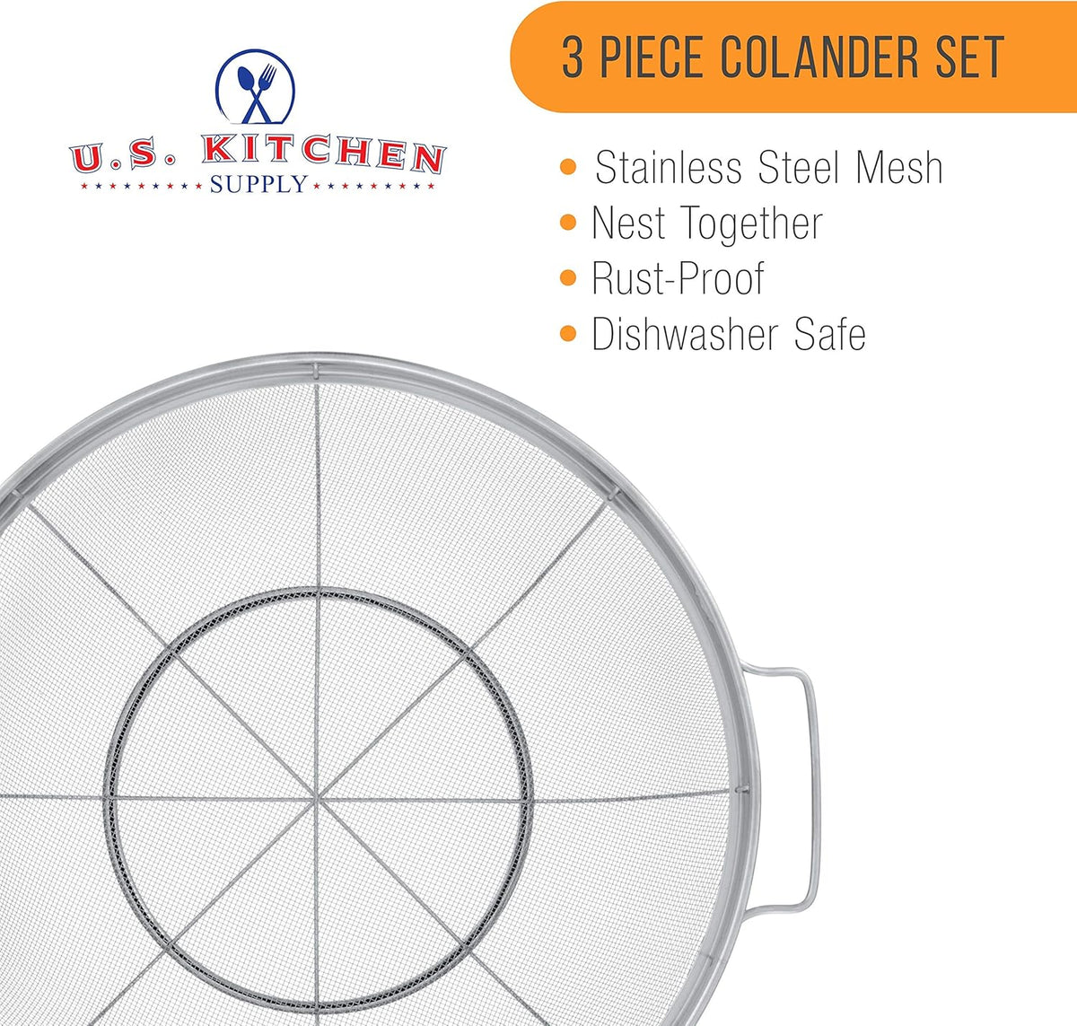 U.S. Kitchen Supply Set of 3 Stainless Steel Colander Strainers Net Baskets 5, 4, & 3-Quart - Colander with Handles & Resting Base - Stainless Steel Sieve, Mesh Strainers and Colanders for Kitchen