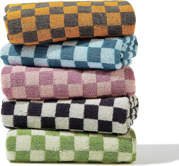 Hand Towels 5 Pack - Cotton Face Towels Soft, Absorbent, and Decorative Checkered Design for Bathroom, Kitchen, Gym, and Spa - 13 x 29 Inches