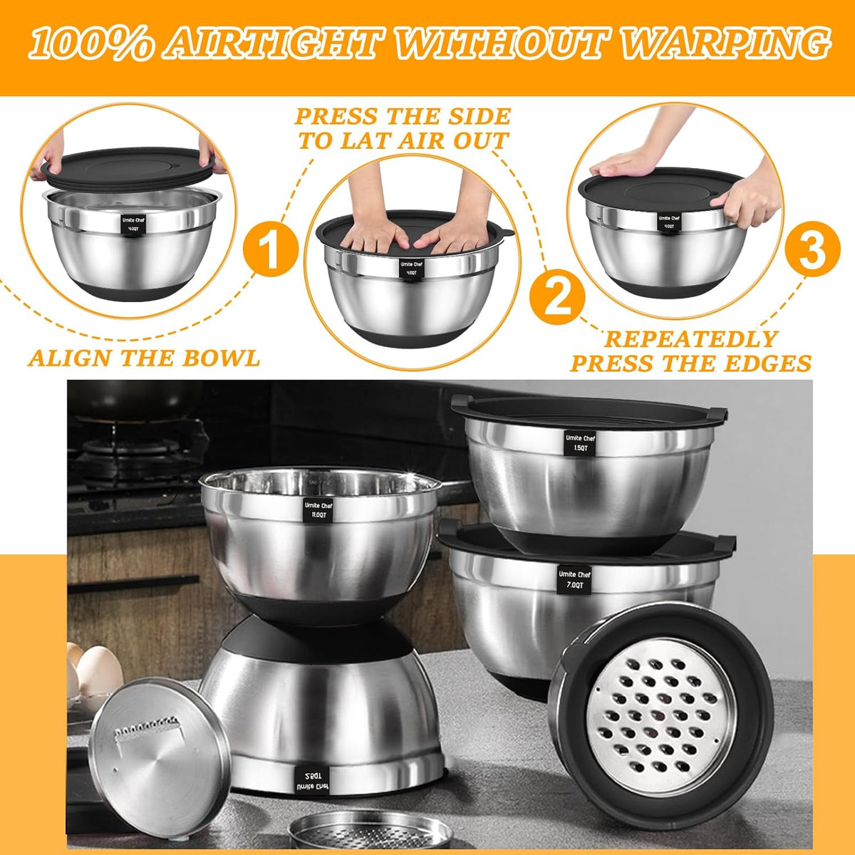 Umite Chef Mixing Bowls with Airtight Lids, 26 PC Stainless Steel