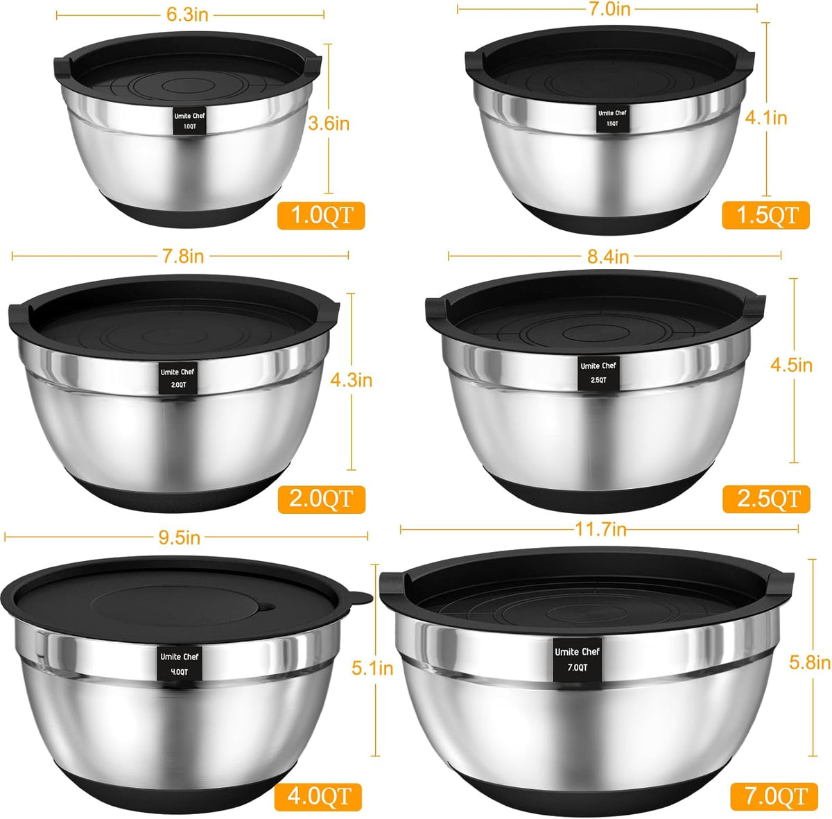 Umite Chef Mixing Bowls with Airtight Lids, 26 PC Stainless Steel